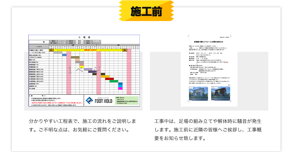 施工前は、分かりやすい工程表で施工の流れをご説明します。また、近隣の方へご挨拶し、工事概要をお知らせします。